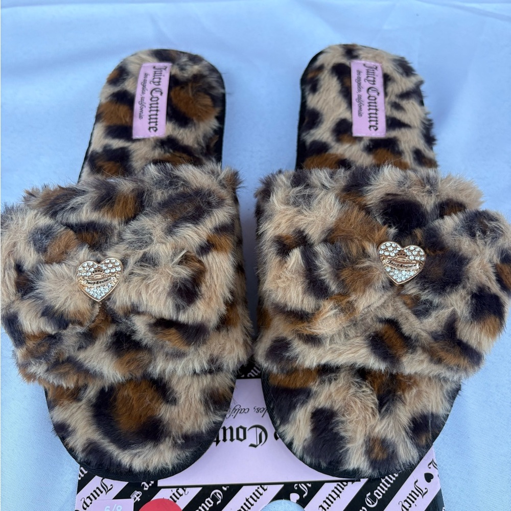 Juicy Couture Brown Leopard Slippers with Heart Accent Size 8/9